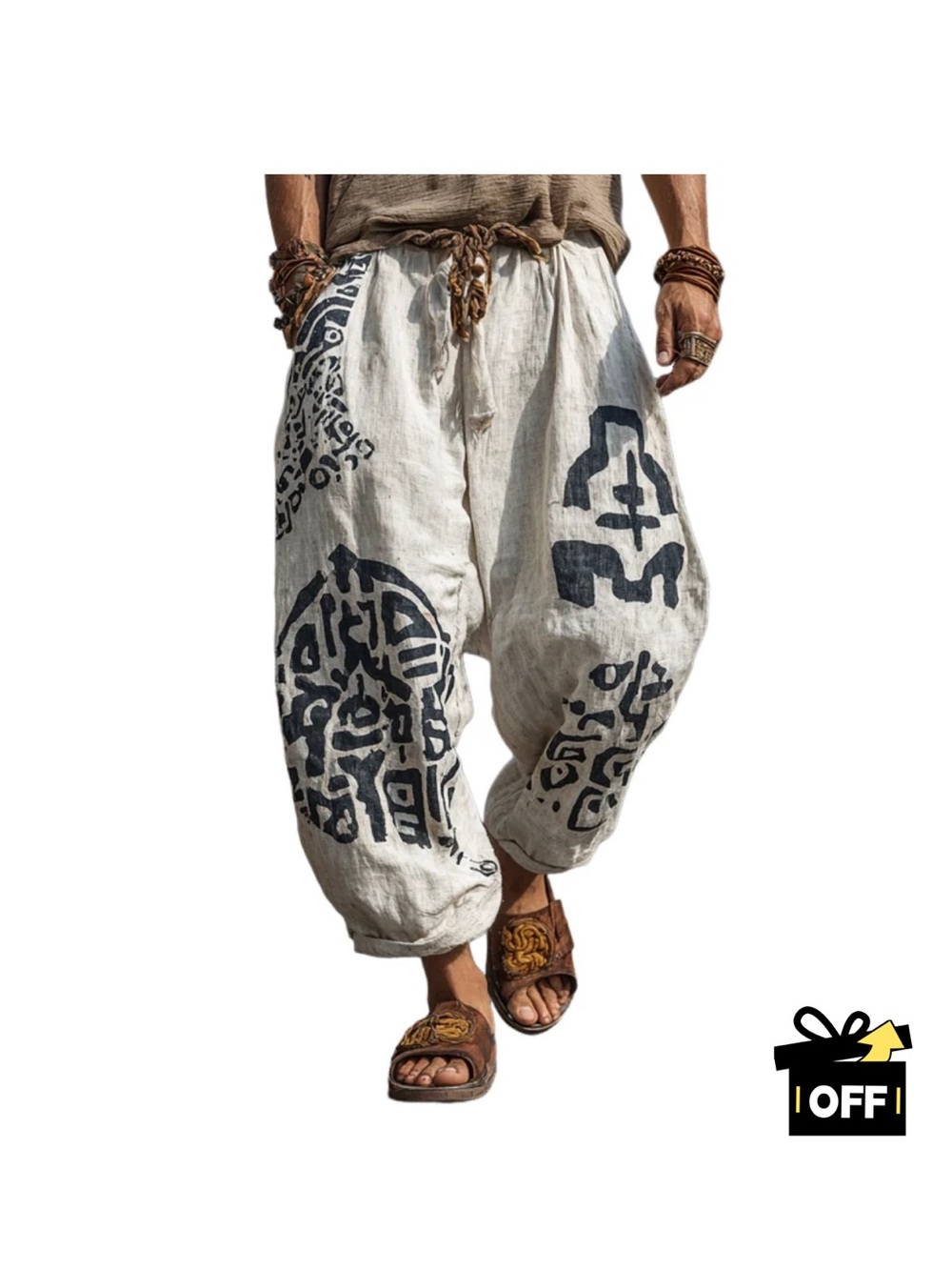 Men's Boho Printed Harem Pants - White with Black Print